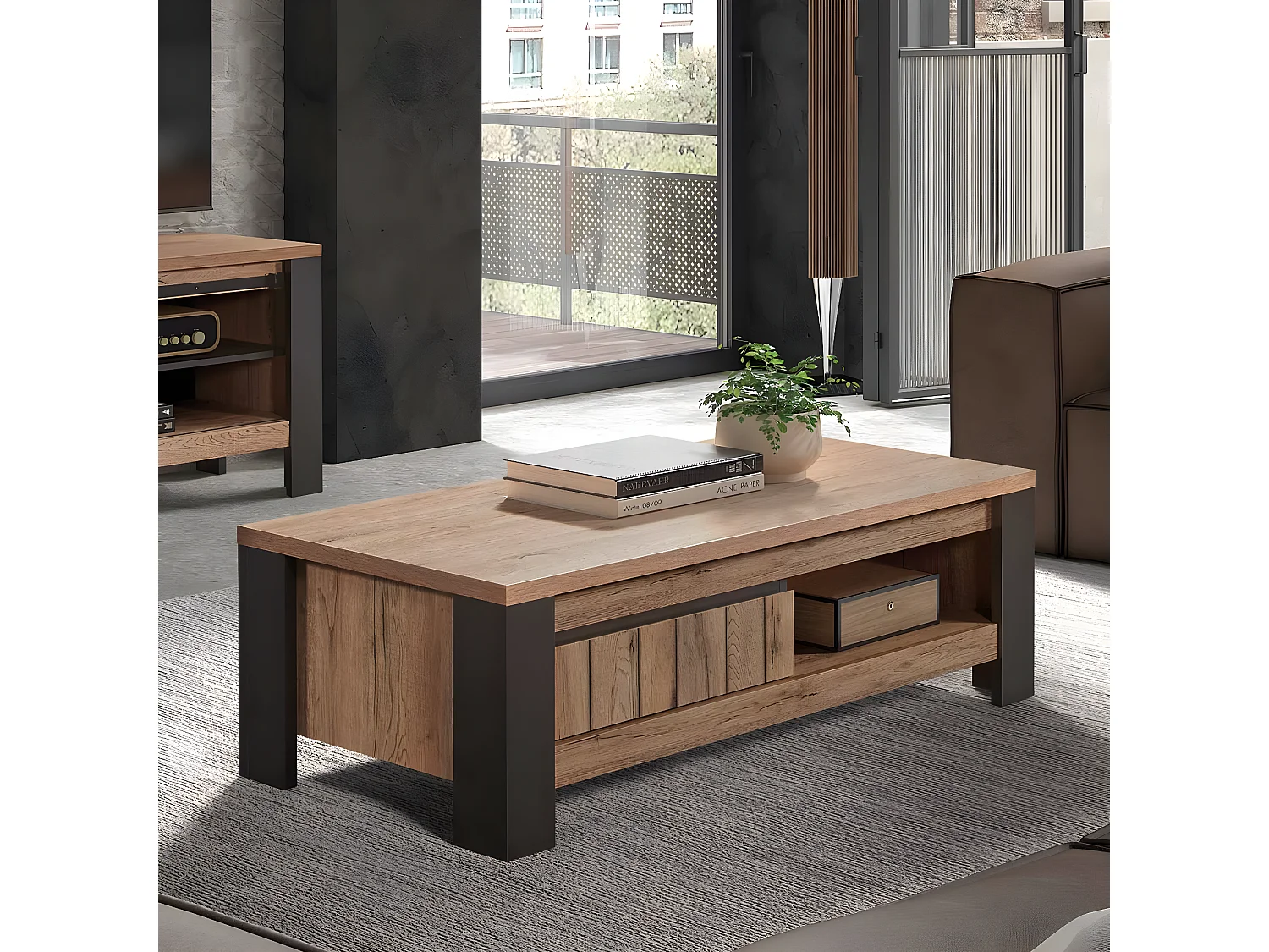 CLODIUS - Table Basse 1 Tiroir et 1 Niche Métal et Aspect Bois