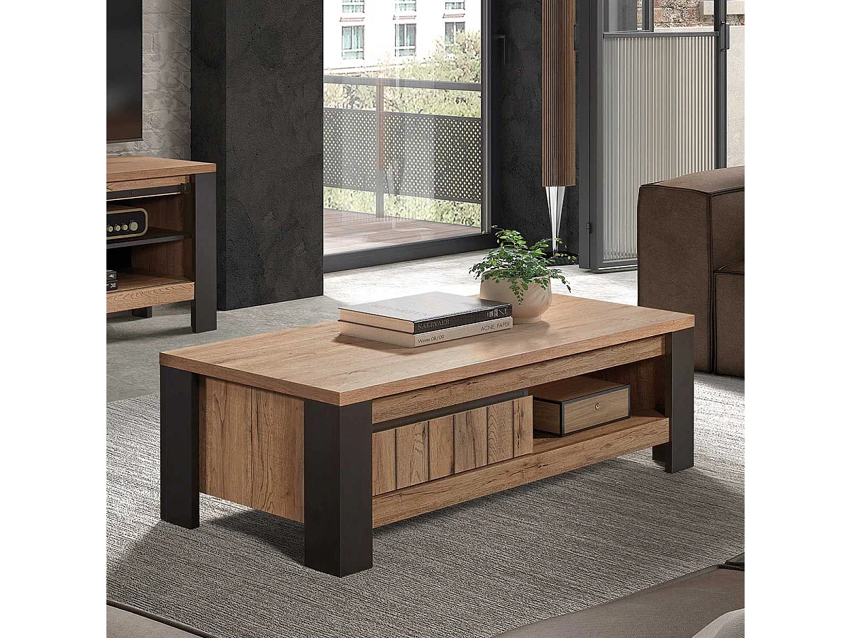 CLODIUS - Table Basse 1 Tiroir et 1 Niche Métal et Aspect Bois