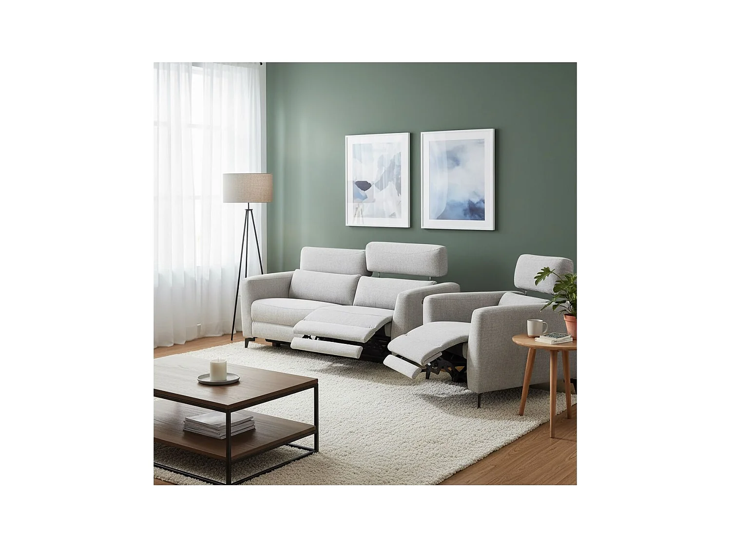 MUMBAI - Ensemble Canapé Relax 3 Places et 1 Fauteuil Electriques Gris Clair