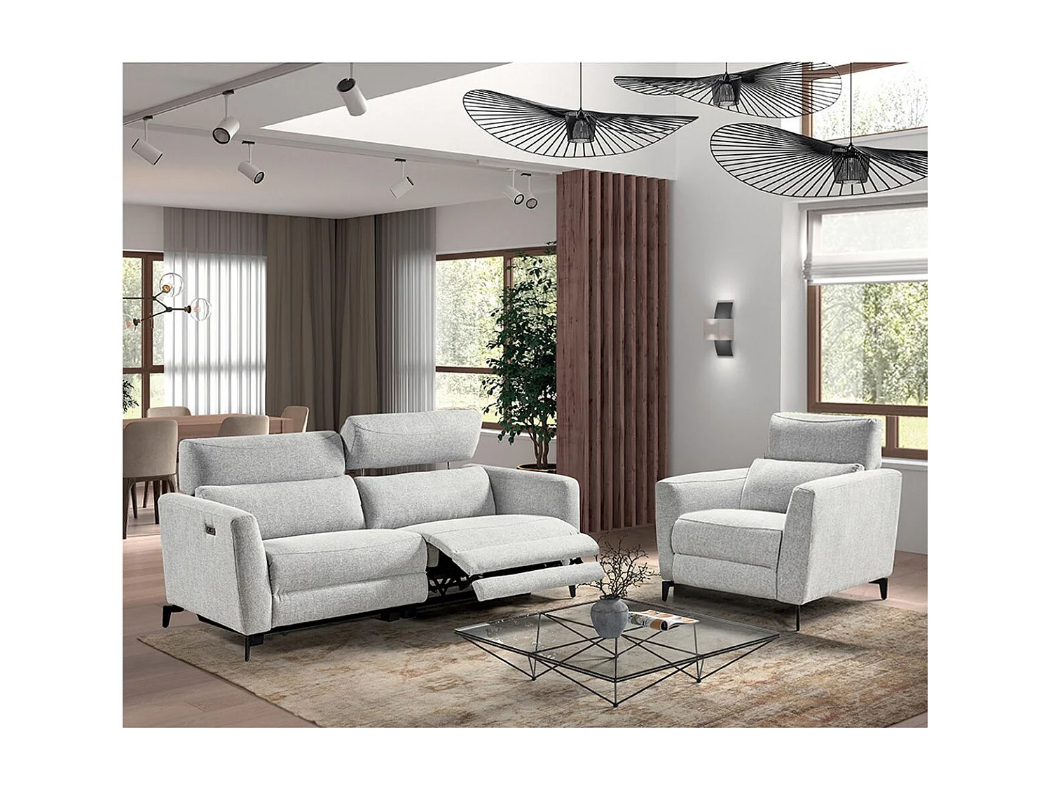 MUMBAI - Ensemble Canapé Relax 3 Places et 1 Fauteuil Electriques Gris Clair