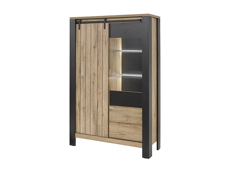 CLODIUS - Argentier 2 Portes 2 Tiroirs Métal et Aspect Bois avec Leds
