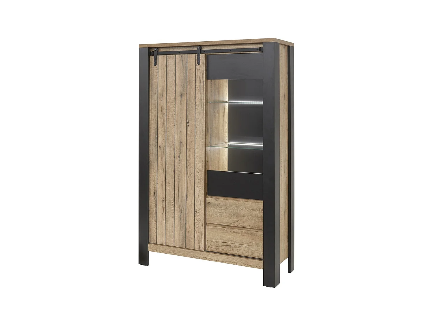CLODIUS - Argentier 2 Portes 2 Tiroirs Métal et Aspect Bois Finition Scarlet avec Leds