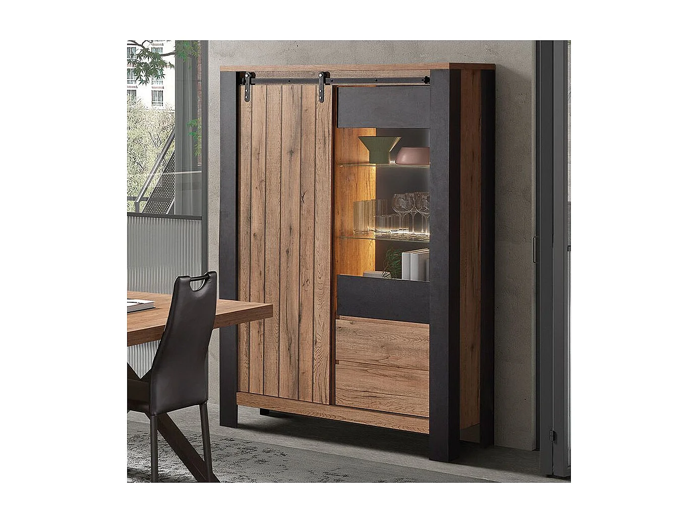 CLODIUS - Argentier 2 Portes 2 Tiroirs Métal et Aspect Bois avec Leds