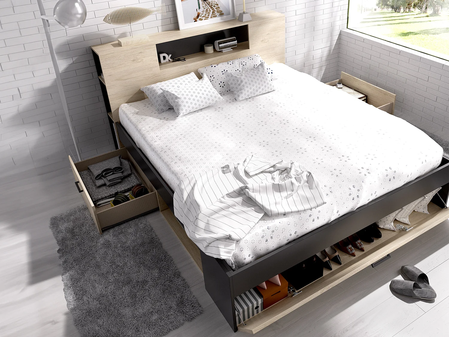 Säng med förvaring i huvudgavel och lådor - 180 x 200 cm - Färg: Natur och antracitgrå - LEANDRE