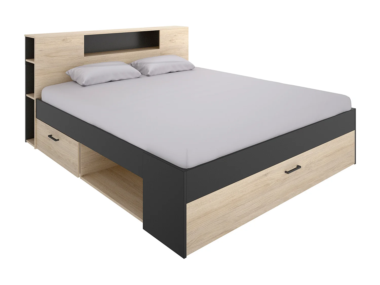 Säng med förvaring i huvudgavel och lådor - 180 x 200 cm - Färg: Natur och antracitgrå - LEANDRE