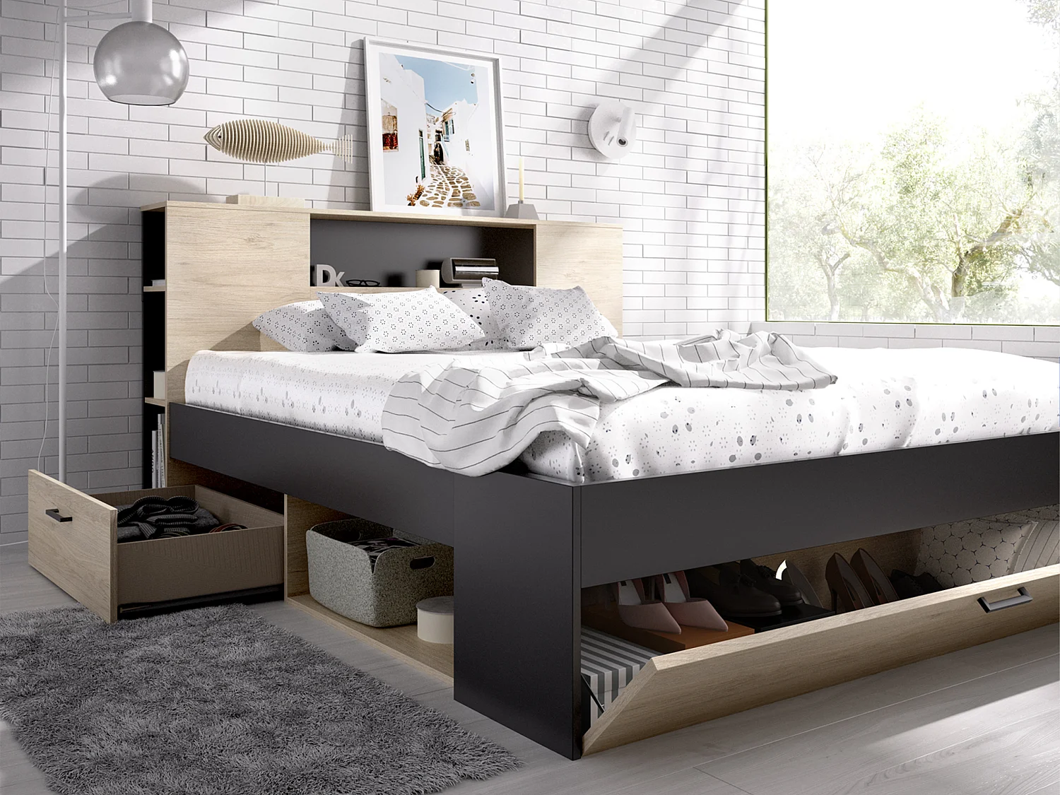 Säng med förvaring i huvudgavel och lådor - 180 x 200 cm - Färg: Natur och antracitgrå - LEANDRE