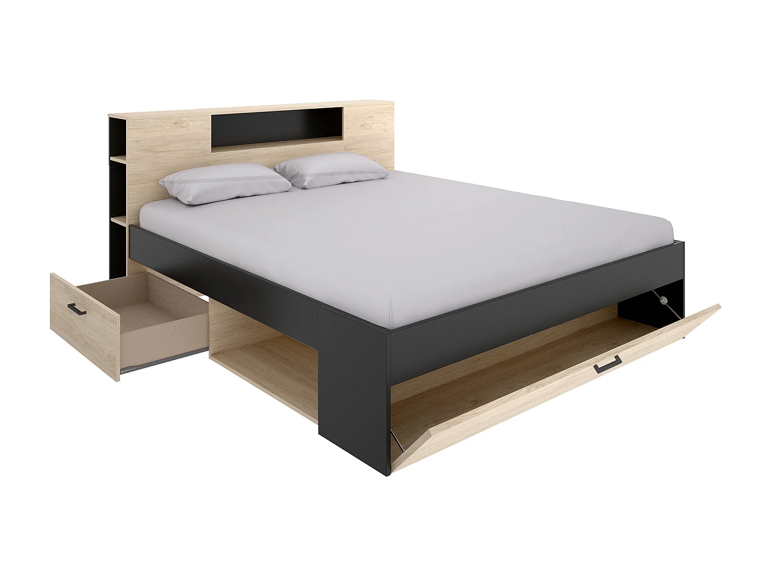 Säng med förvaring i huvudgavel och lådor - 180 x 200 cm - Färg: Natur och antracitgrå - LEANDRE