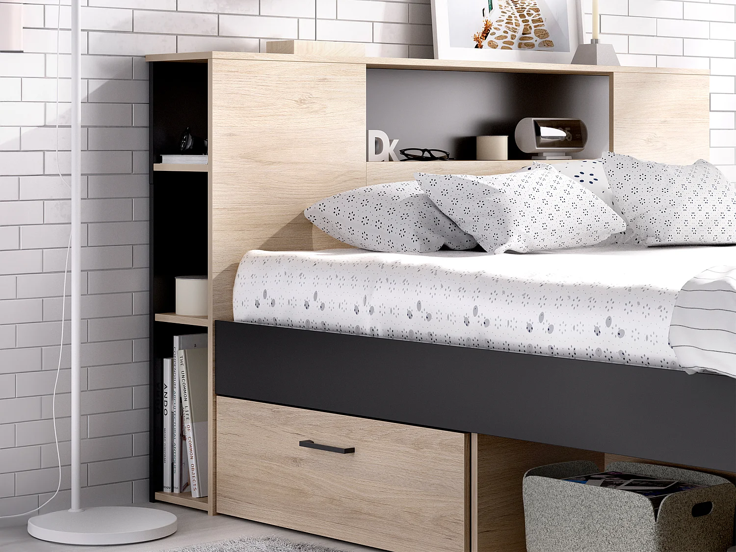 Säng med förvaring i huvudgavel och lådor - 180 x 200 cm - Färg: Natur och antracitgrå - LEANDRE