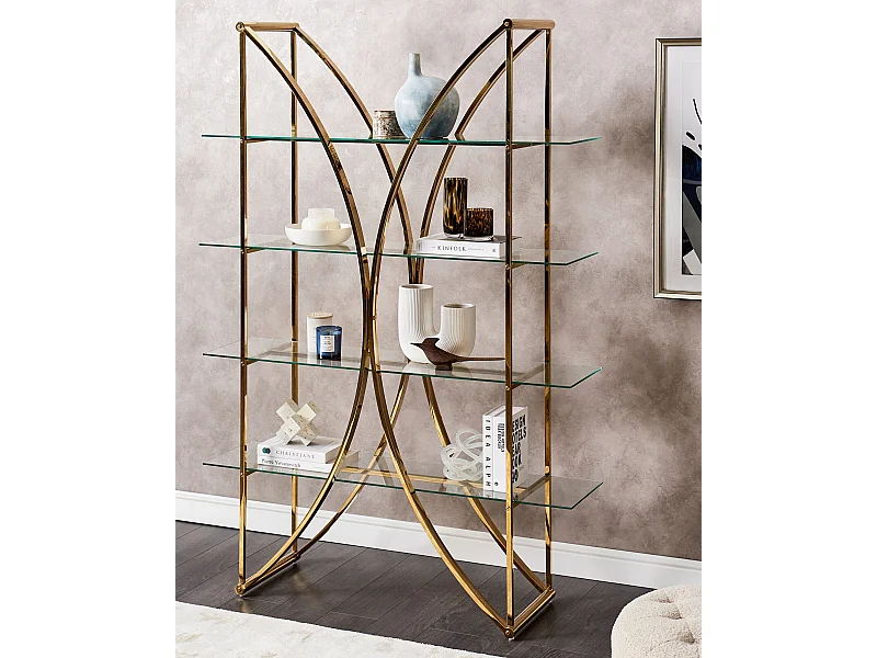 Regal gold aus Edelstahl mit Glasböden 4 Fächer glänzend glamourös Hollow