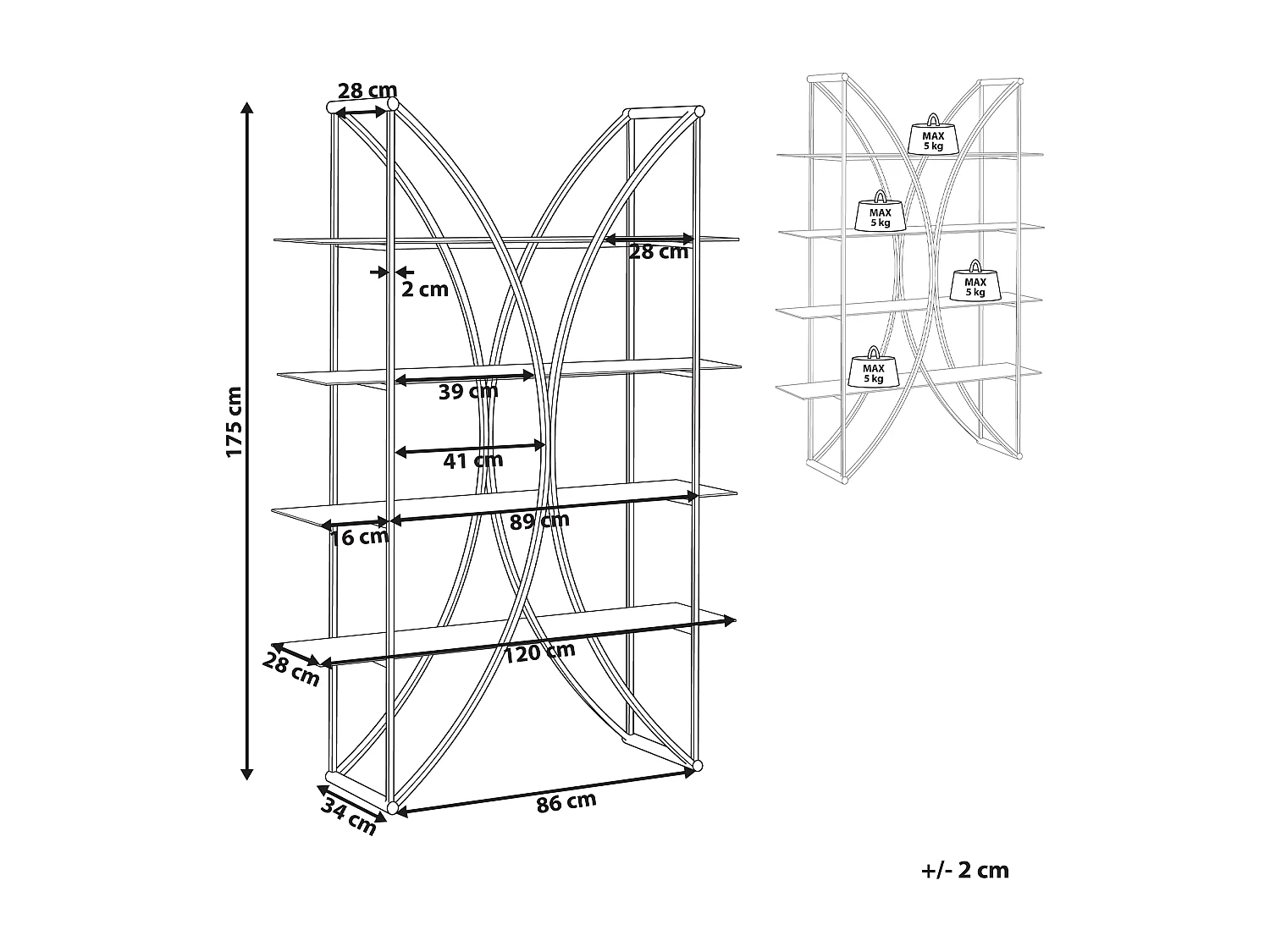 Regal gold aus Edelstahl mit Glasböden 4 Fächer glänzend glamourös Hollow