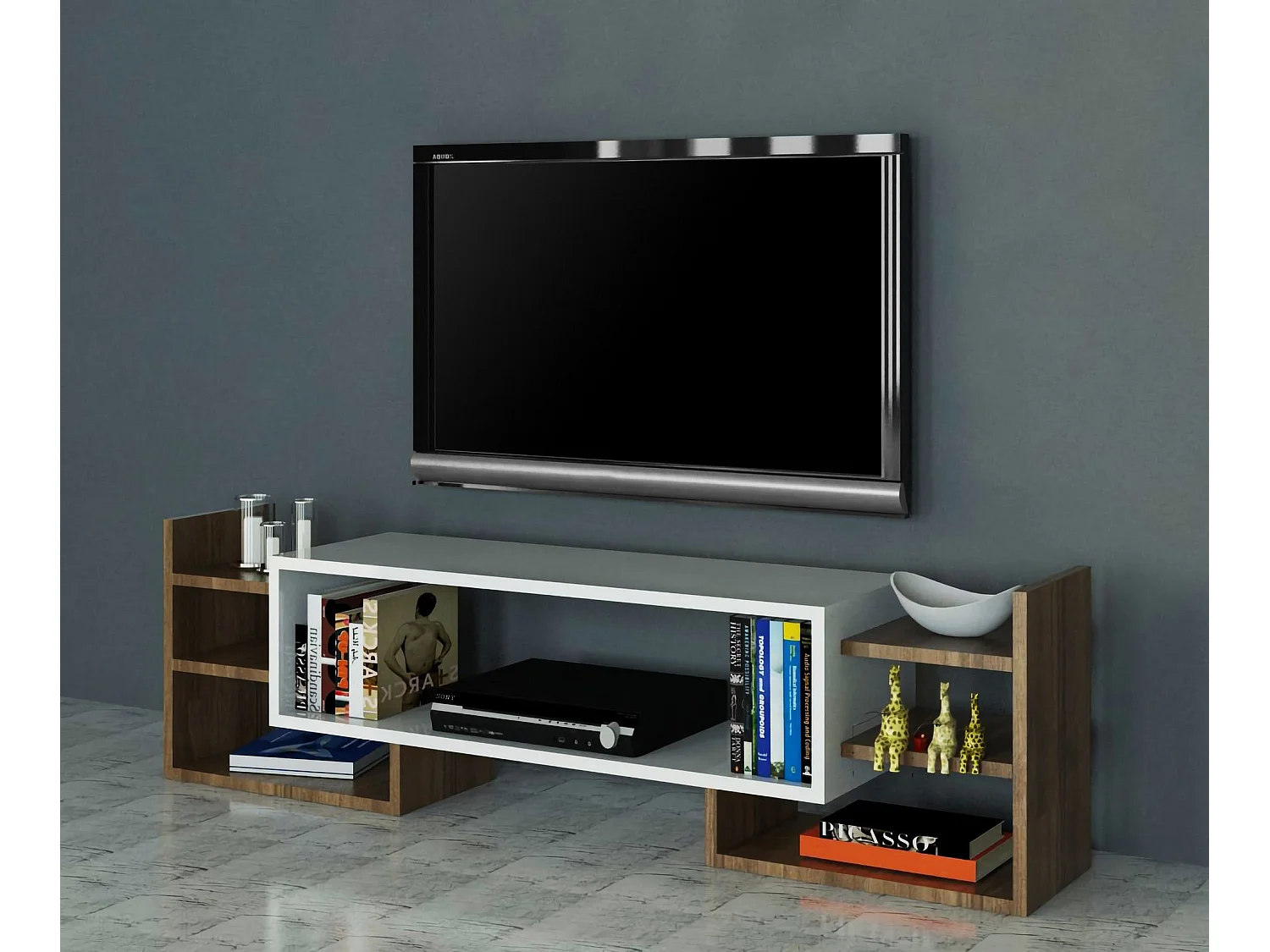 Mobile porta TV – 115 cm – Bianco e Noce – Pannello truciolare rivestito in melaminico