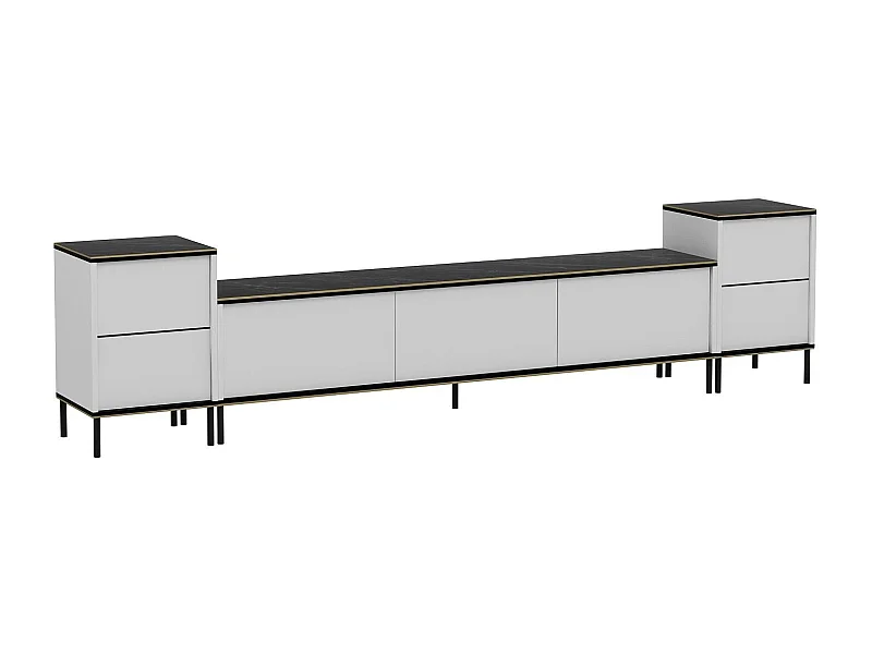 Mesa de tv Kailua 1707, Blanco|Mármol negro, 260x60x35cm
