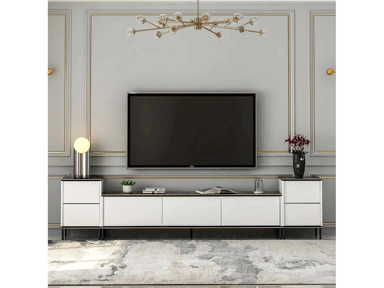 Mesa de tv Kailua 1707, Blanco|Mármol negro, 260x60x35cm