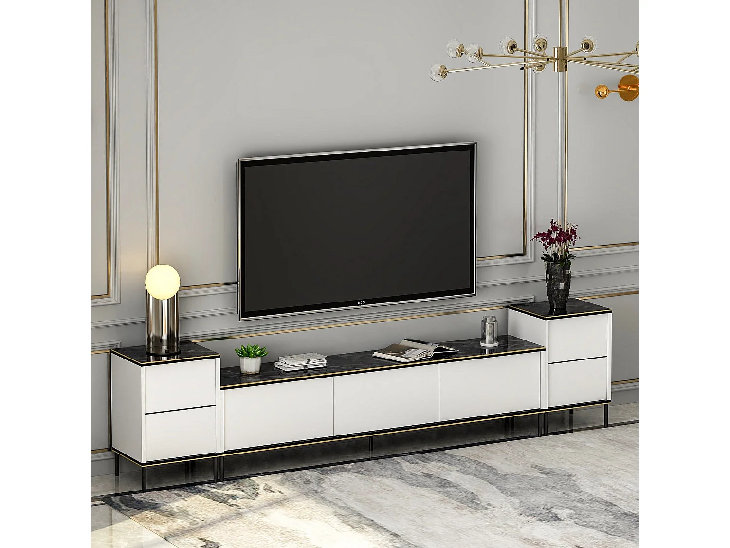 Mesa de tv Kailua 1707, Blanco|Mármol negro, 260x60x35cm