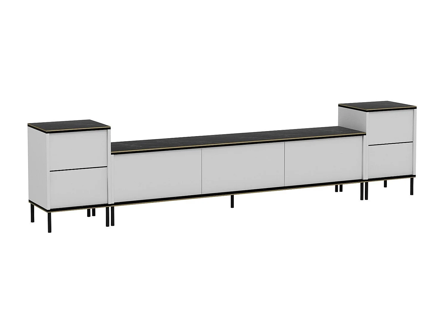 Mesa de tv Kailua 1707, Blanco|Mármol negro, 260x60x35cm