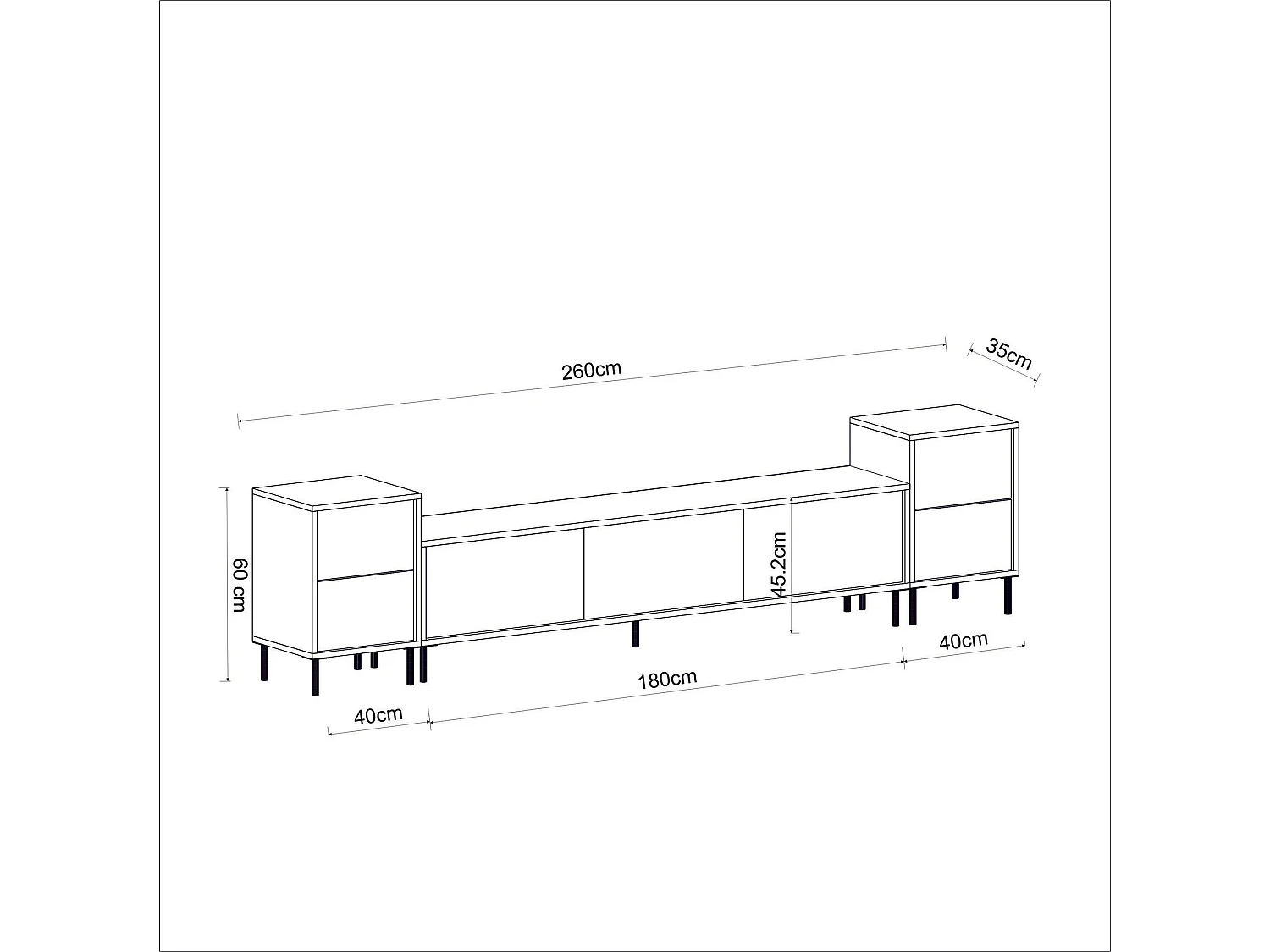 Mesa de tv Kailua 1707, Blanco|Mármol negro, 260x60x35cm