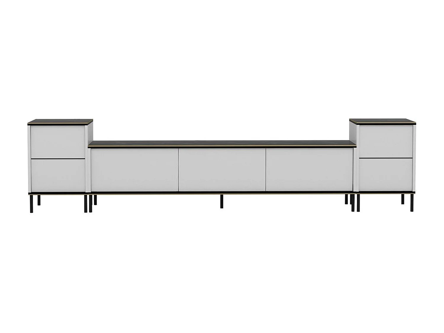 Eleganter TV-Ständer mit Nachttischen – 260 cm x 60 cm x 35 cm – Weiß und Schwarz mit goldenen Details – Melamin