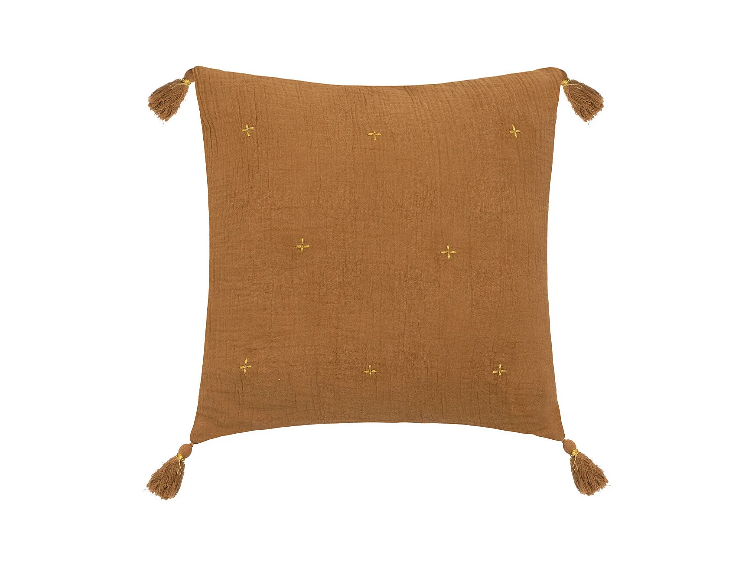 Coussin décoratif Orange Cannelle brodé doré avec pompons 40 x 40 cm