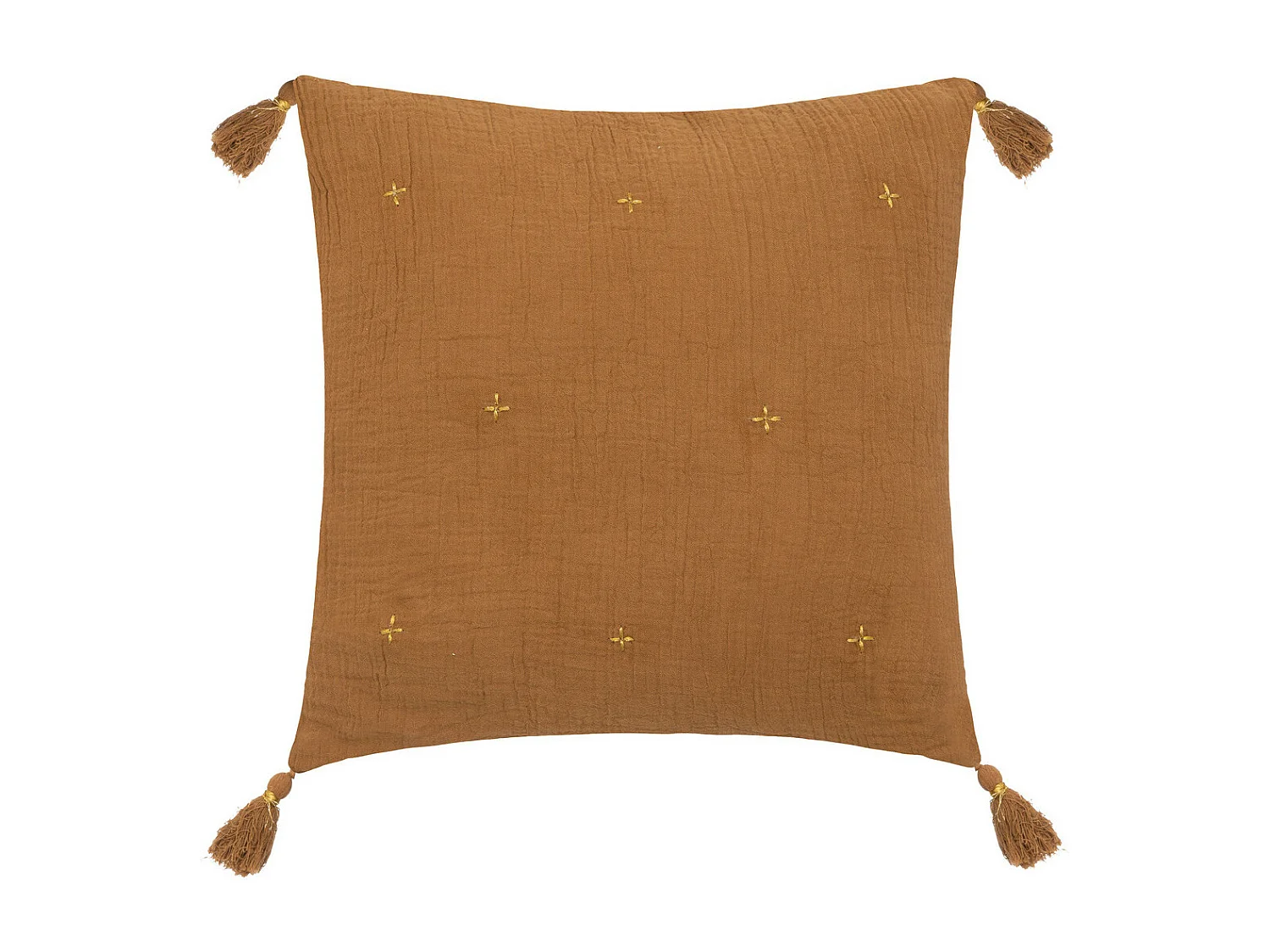 Coussin décoratif Orange Cannelle brodé doré avec pompons 40 x 40 cm