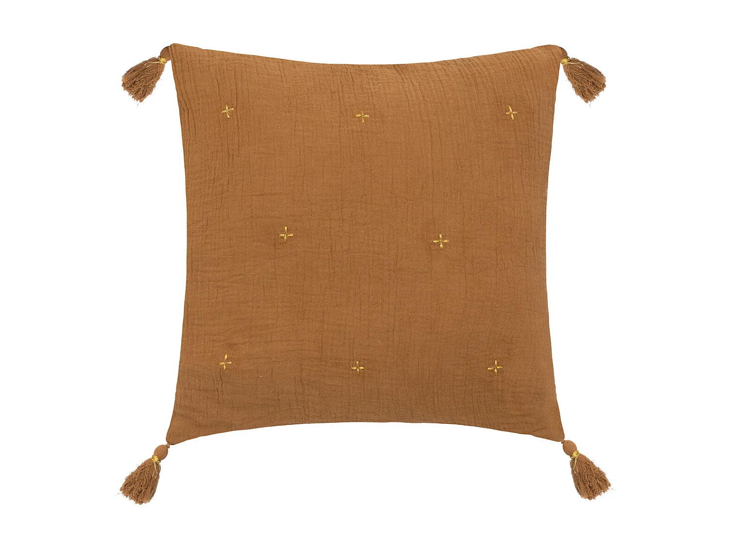 Coussin décoratif Orange Cannelle brodé doré avec pompons 40 x 40 cm