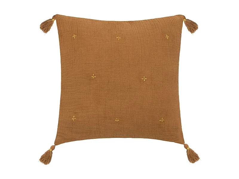 Coussin décoratif Orange Cannelle brodé doré avec pompons 40 x 40 cm