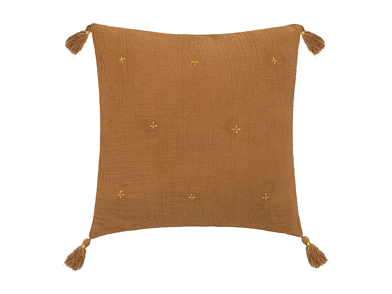 Coussin décoratif Orange Cannelle brodé doré avec pompons 40 x 40 cm