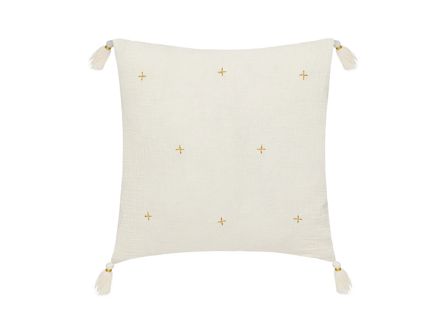 Coussin décoratif Blanc Ivoire brodé doré avec pompons 40 x 40 cm