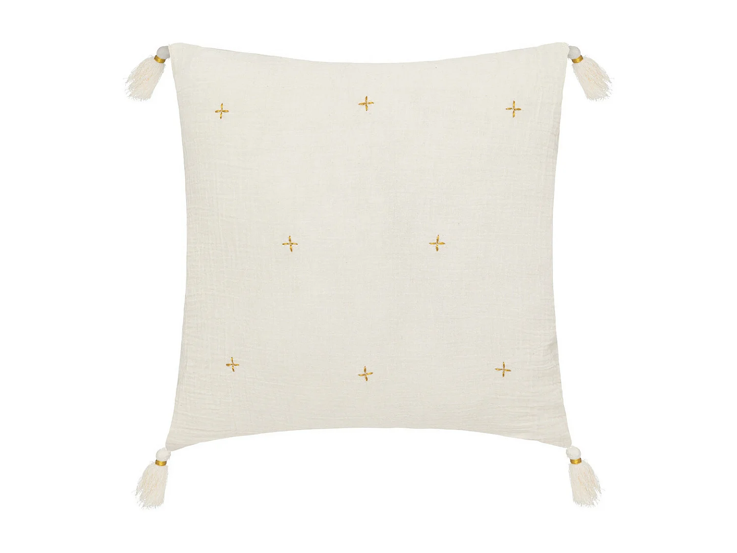 Coussin décoratif Blanc Ivoire brodé doré avec pompons 40 x 40 cm