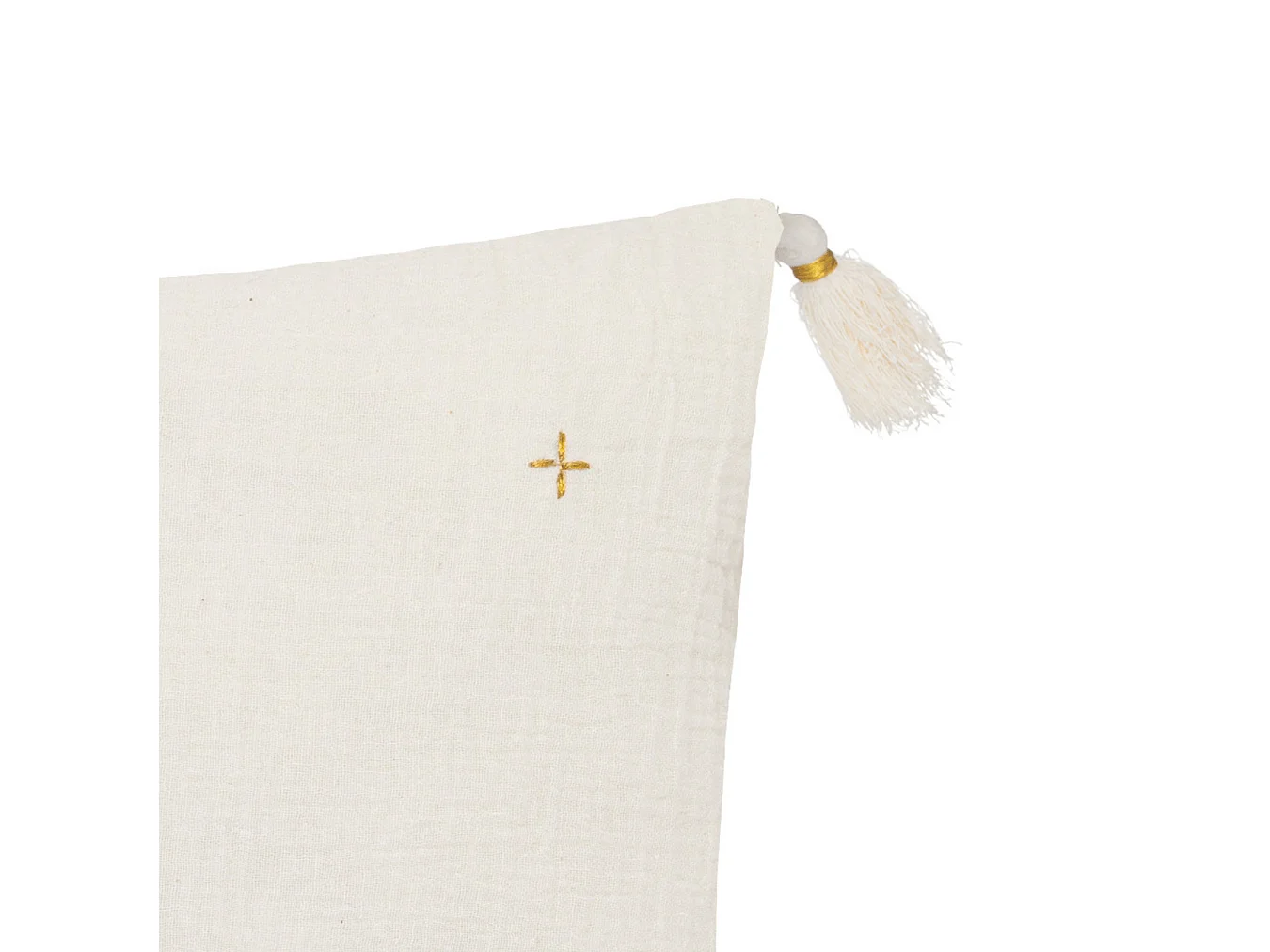 Coussin décoratif Blanc Ivoire brodé doré avec pompons 40 x 40 cm