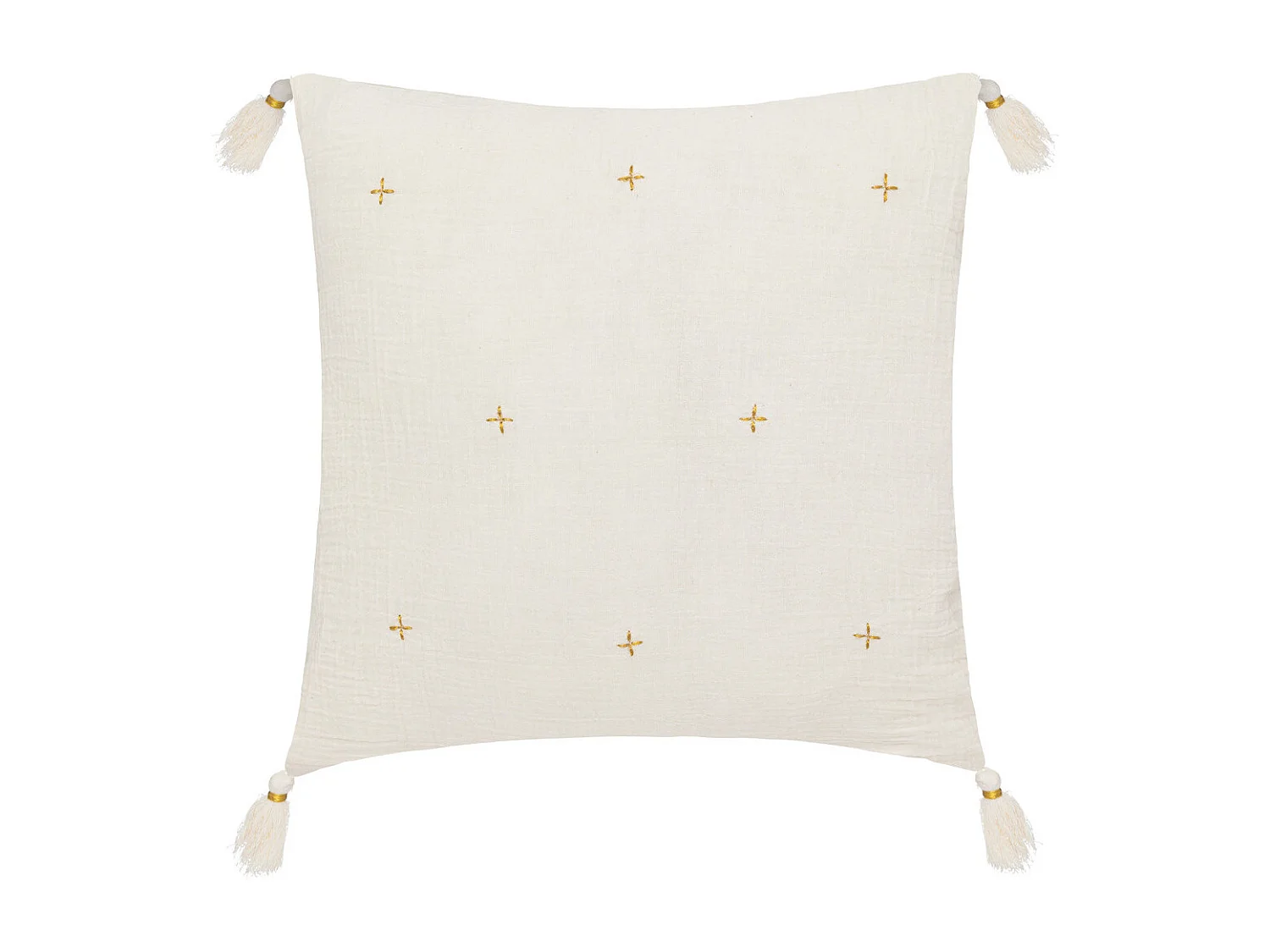 Coussin décoratif Blanc Ivoire brodé doré avec pompons 40 x 40 cm