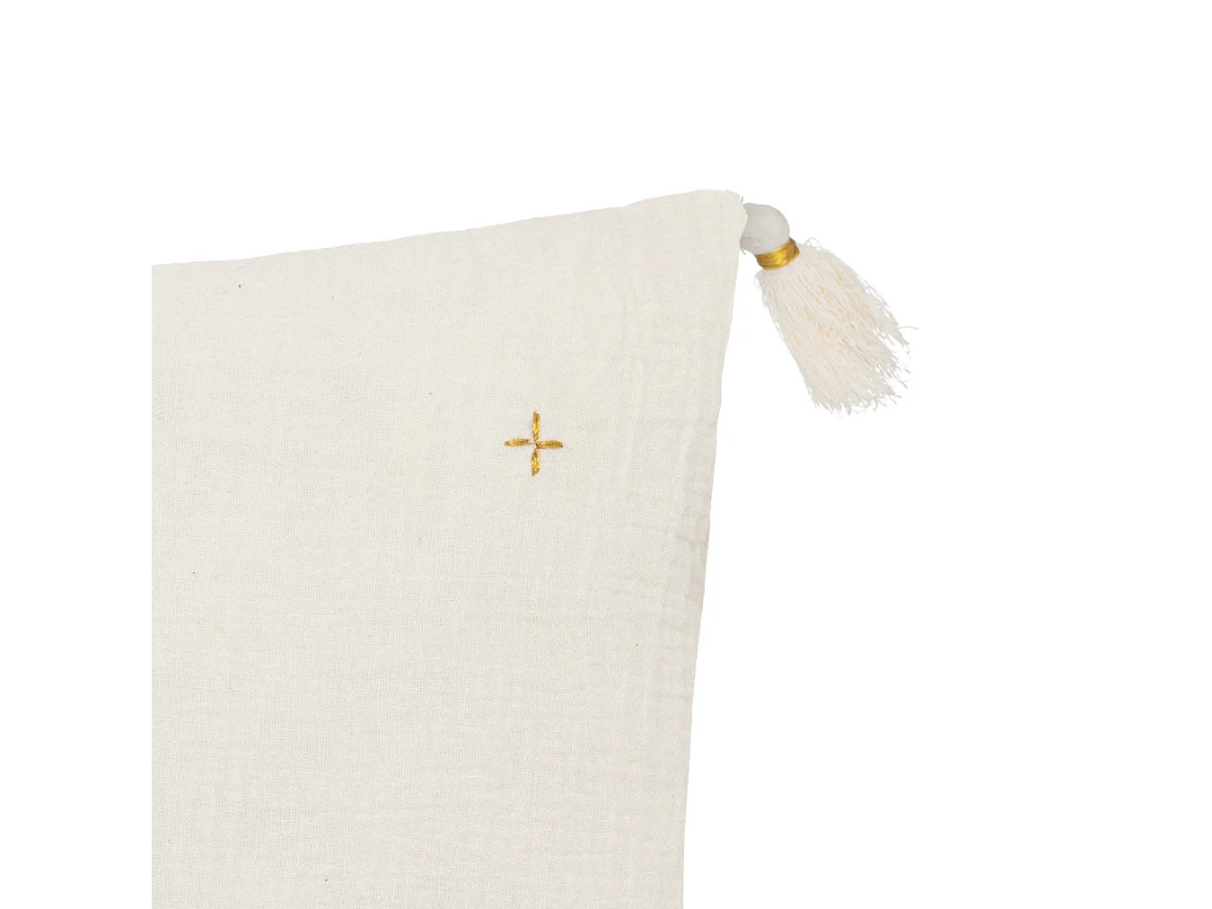 Coussin décoratif Blanc Ivoire brodé doré avec pompons 40 x 40 cm