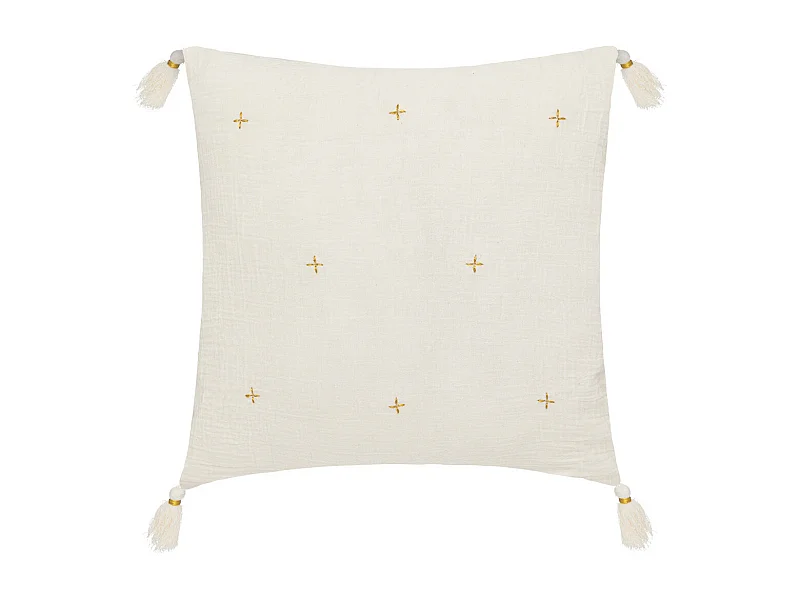 Coussin décoratif Blanc Ivoire brodé doré avec pompons 40 x 40 cm