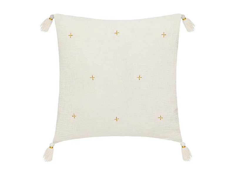 Coussin décoratif Blanc Ivoire brodé doré avec pompons 40 x 40 cm