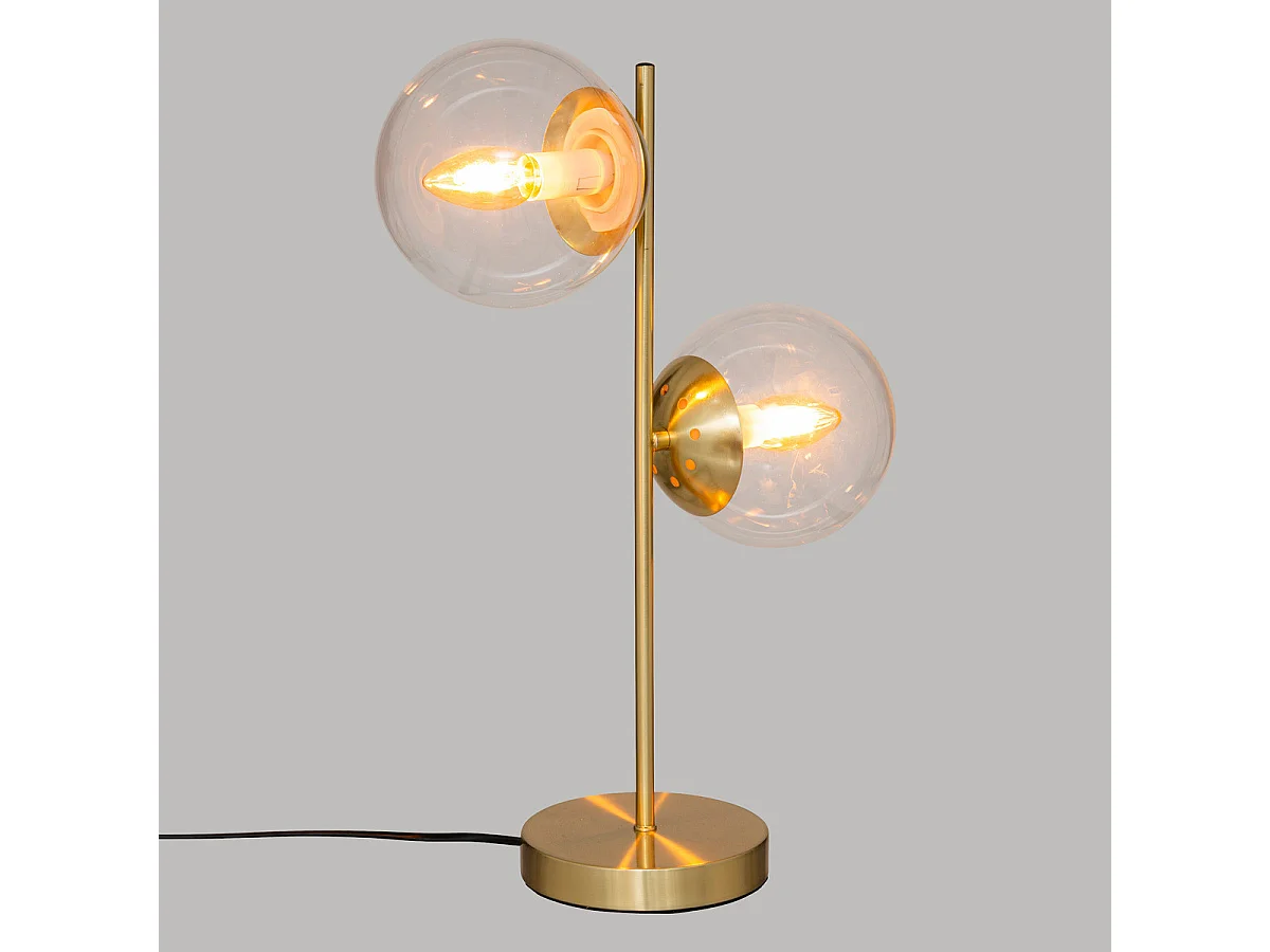 Lampe à poser 2 Globes en Verre et métal Doré H 48 cm