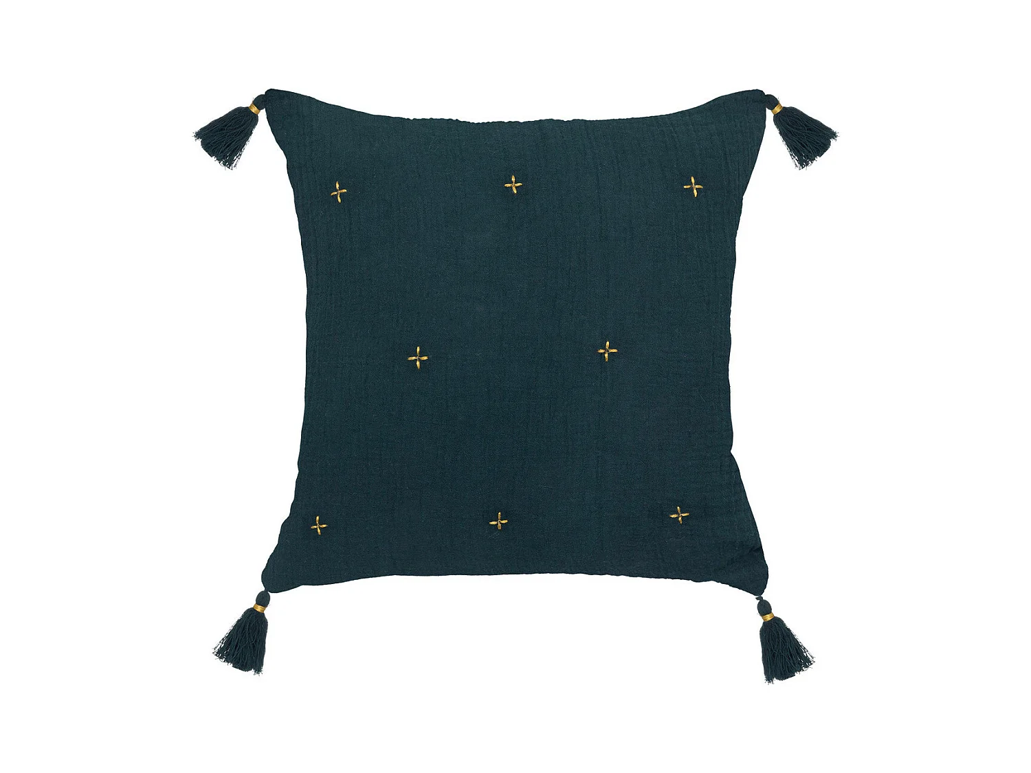 Coussin décoratif Bleu Pétrole brodé doré avec pompons 40 x 40 cm