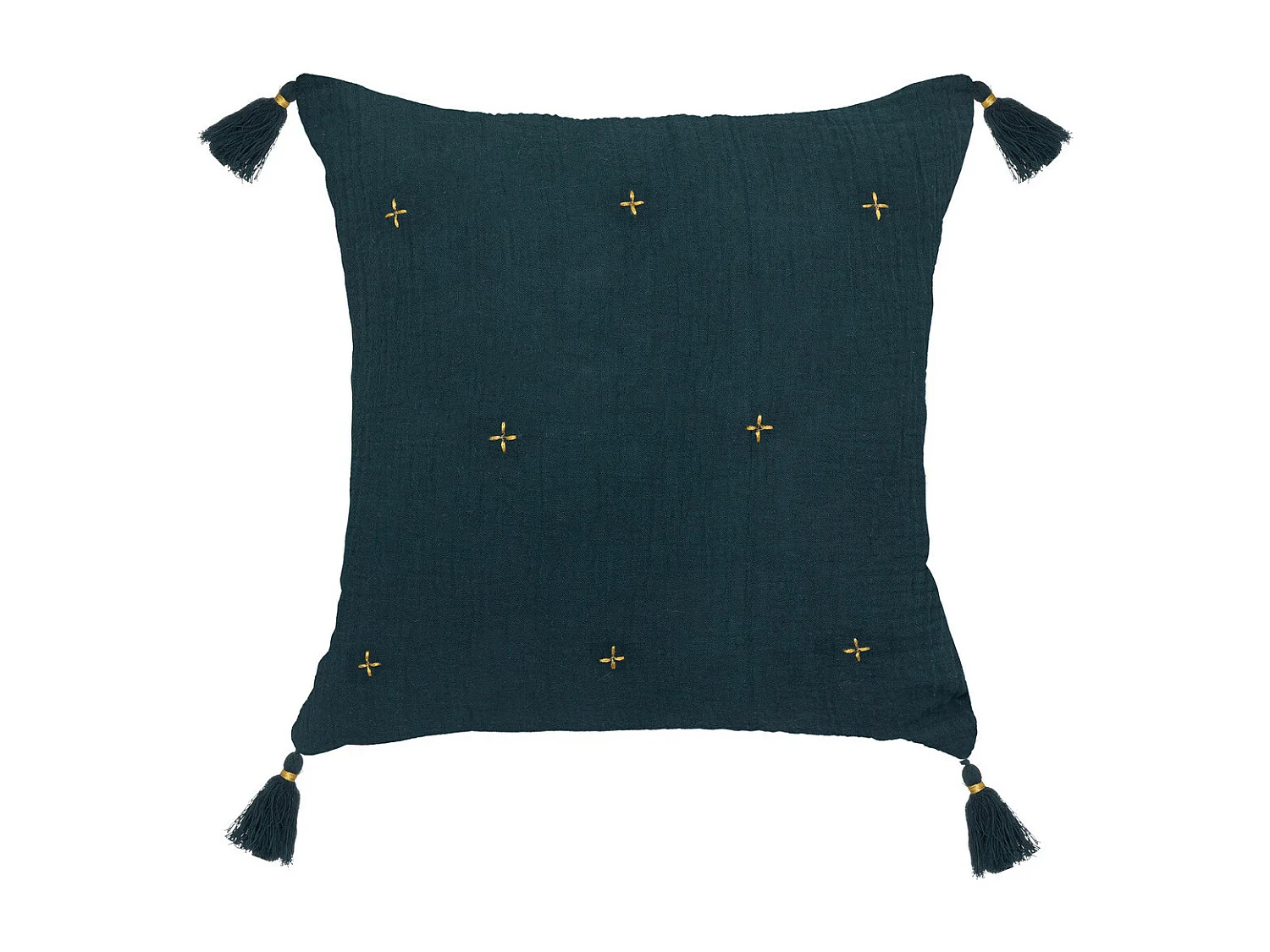 Coussin décoratif Bleu Pétrole brodé doré avec pompons 40 x 40 cm