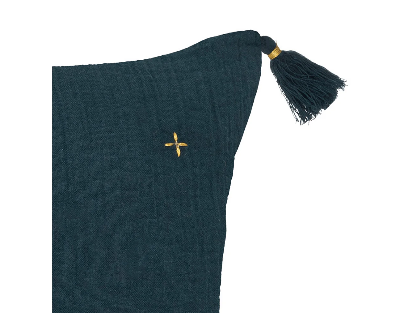 Coussin décoratif Bleu Pétrole brodé doré avec pompons 40 x 40 cm