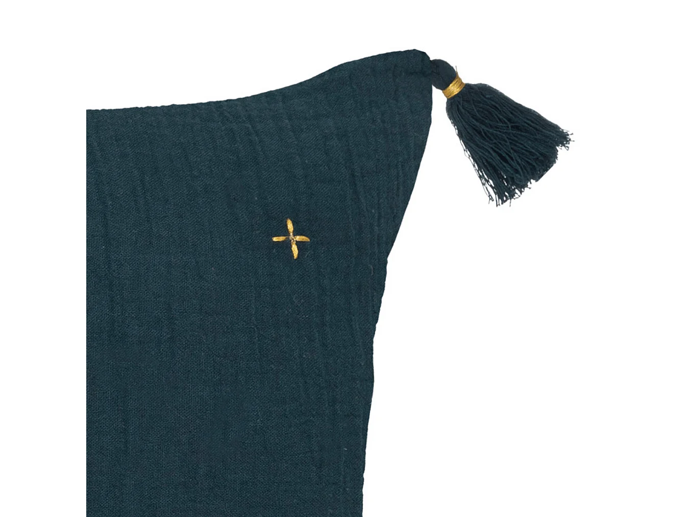 Coussin décoratif Bleu Pétrole brodé doré avec pompons 40 x 40 cm