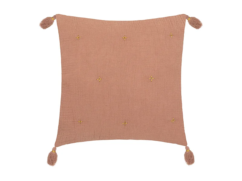 Coussin décoratif Rose Antique brodé doré avec pompons 40 x 40 cm