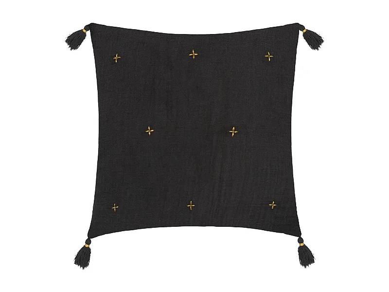 Coussin décoratif Gris Foncé brodé doré avec pompons 40 x 40 cm