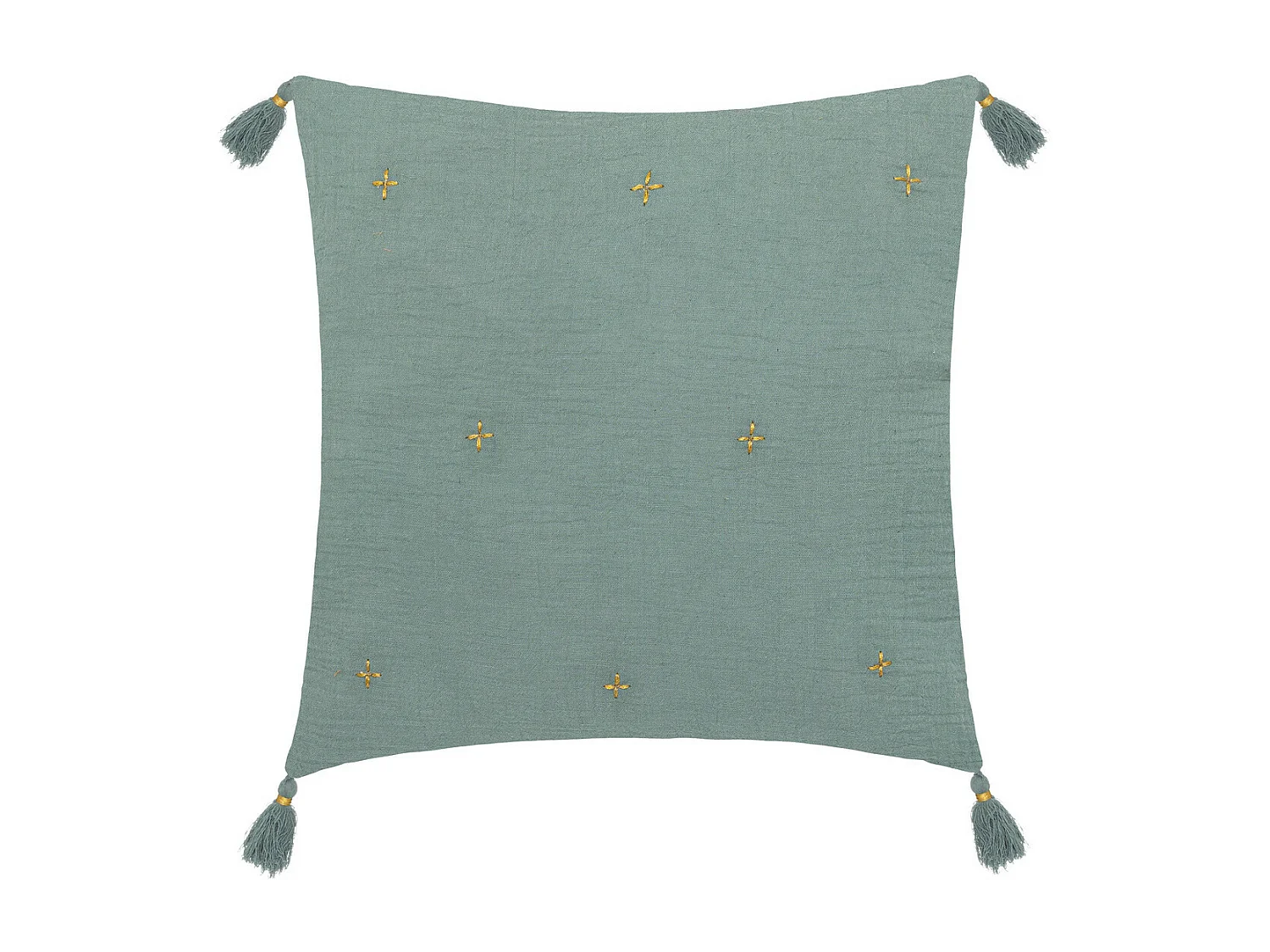 Coussin décoratif Vert Céladon brodé doré avec pompons 40 x 40 cm
