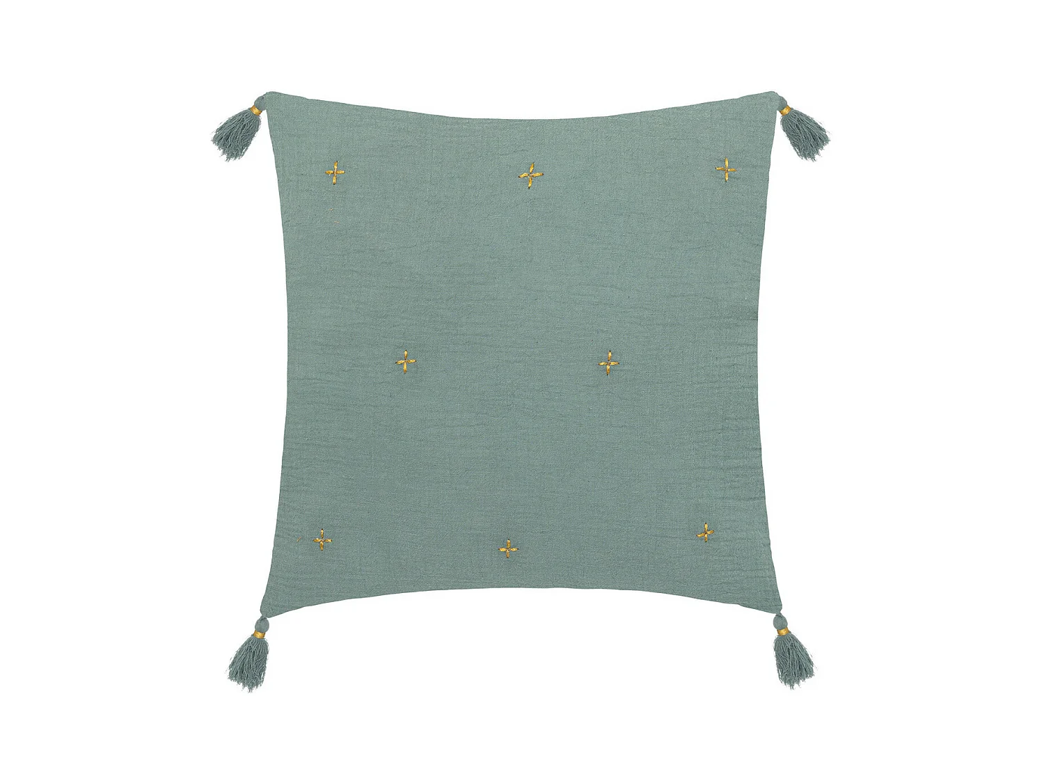 Coussin décoratif Vert Céladon brodé doré avec pompons 40 x 40 cm