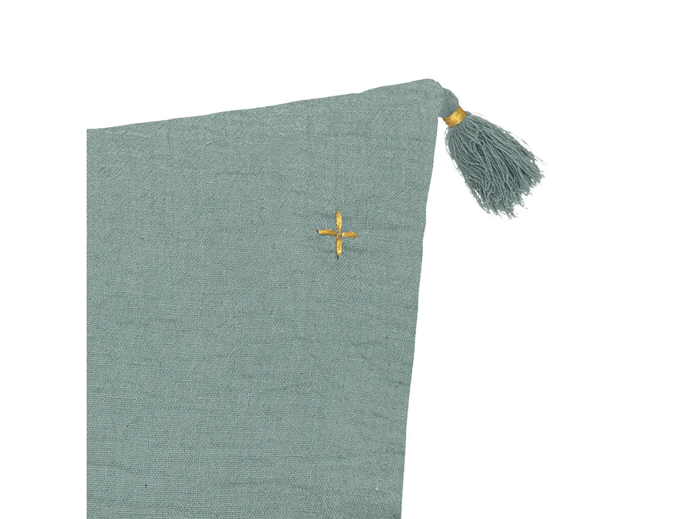 Coussin décoratif Vert Céladon brodé doré avec pompons 40 x 40 cm