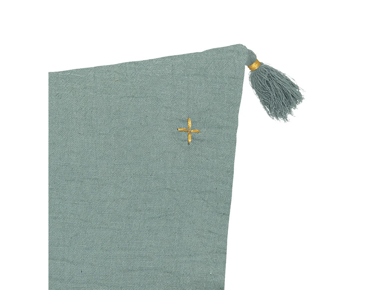 Coussin décoratif Vert Céladon brodé doré avec pompons 40 x 40 cm