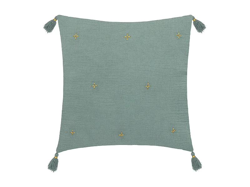 Coussin décoratif Vert Céladon brodé doré avec pompons 40 x 40 cm