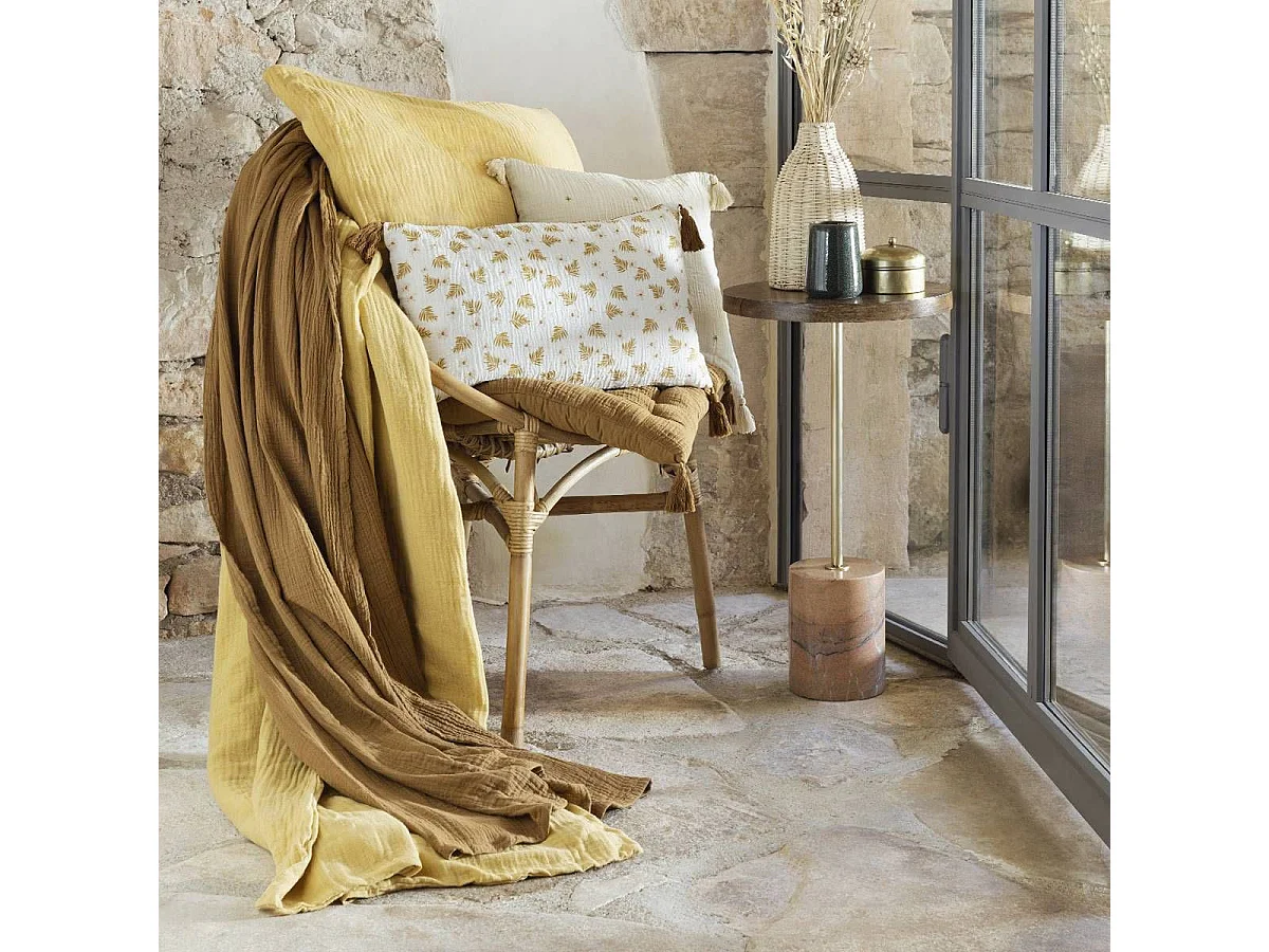 Coussin décoratif Blanc & Cannelle avec pompons  30 x 50 cm