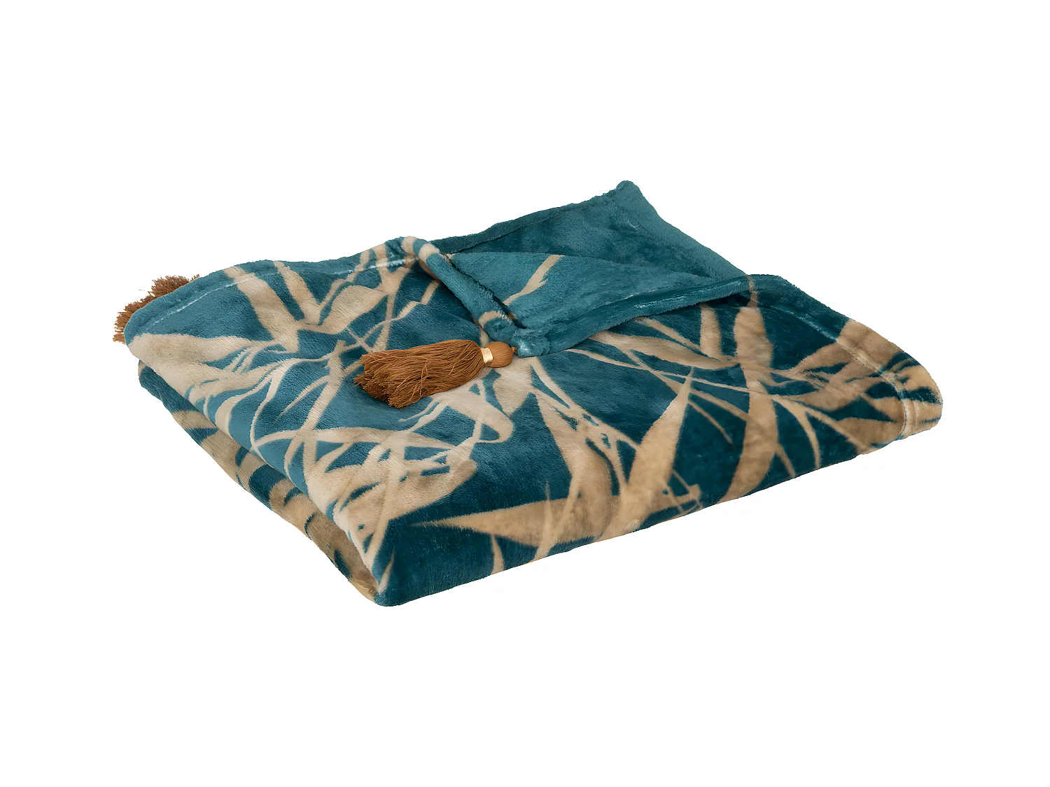 Plaid Flanelle Bleu motif Camel avec Pompons 125 x 150 cm