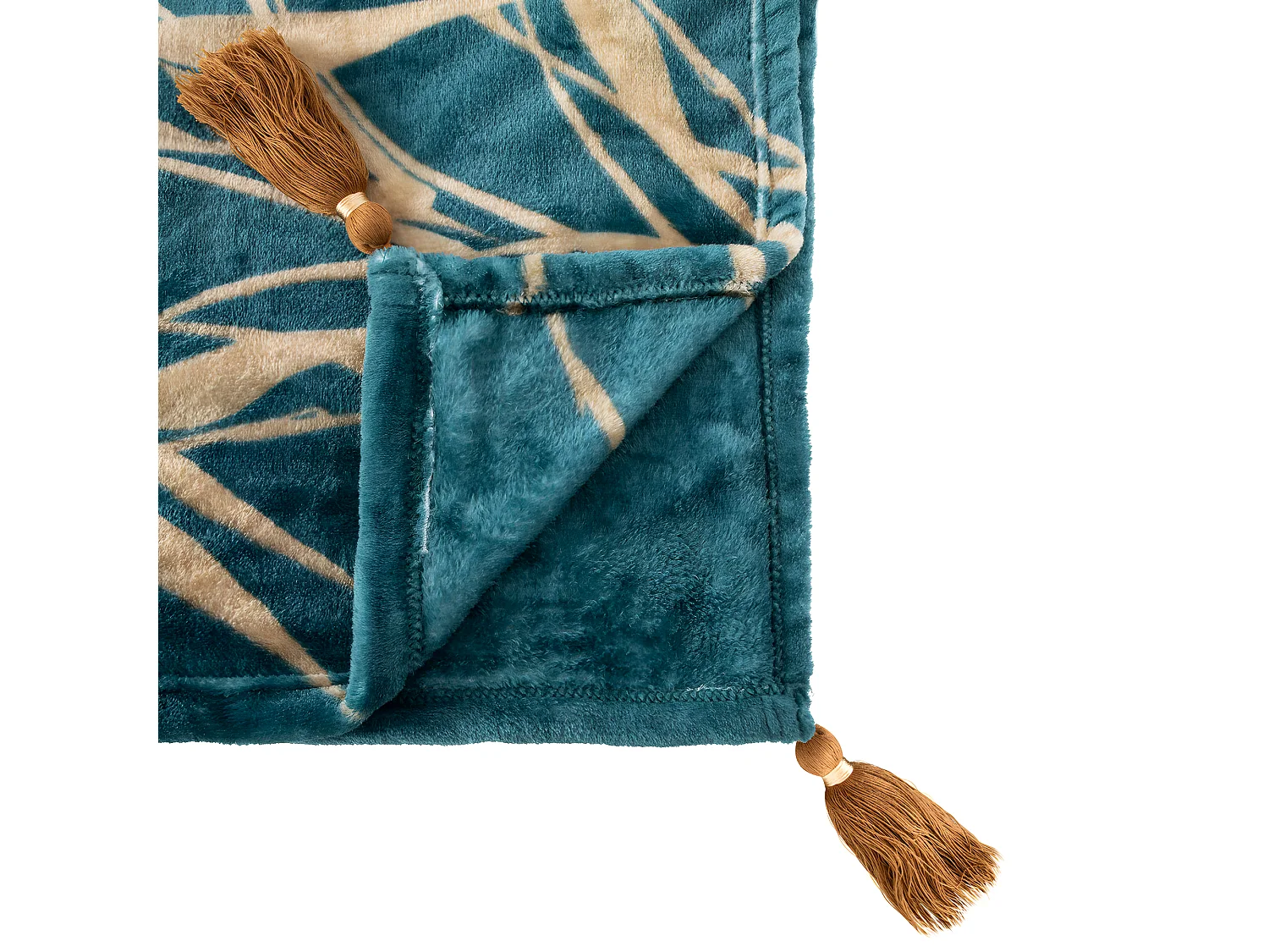 Plaid Flanelle Bleu motif Camel avec Pompons 125 x 150 cm