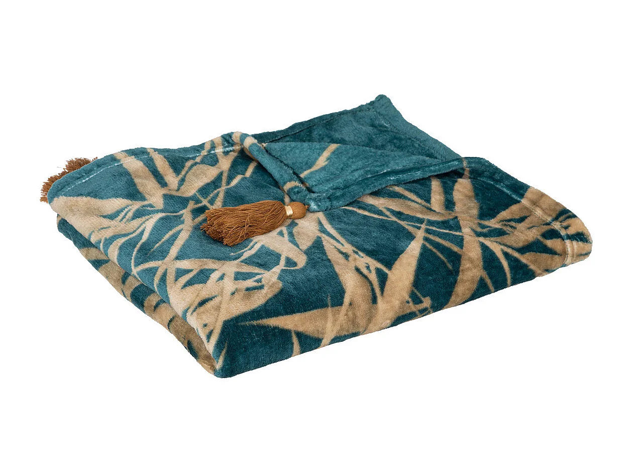Plaid Flanelle Bleu motif Camel avec Pompons 125 x 150 cm