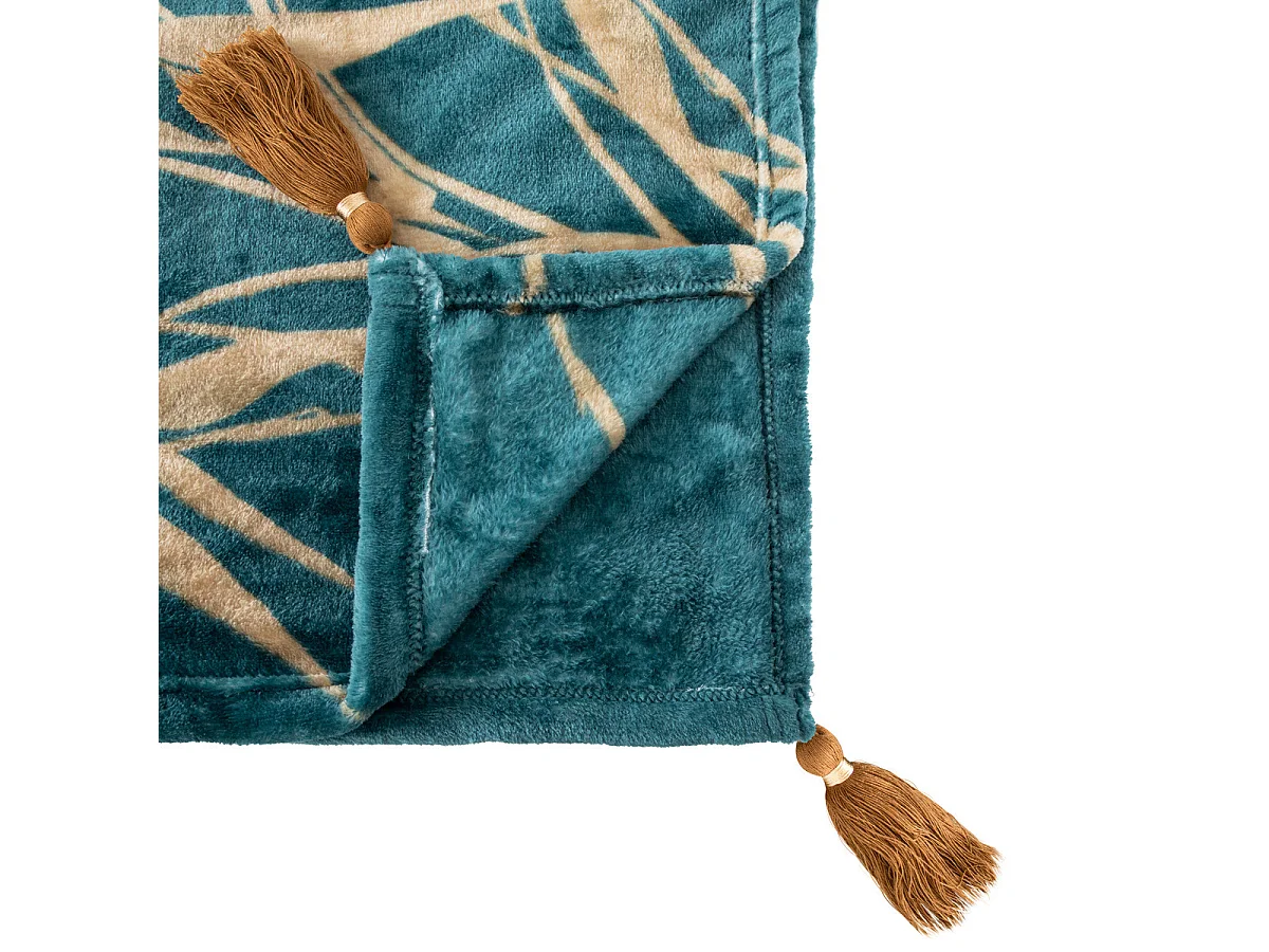 Plaid Flanelle Bleu motif Camel avec Pompons 125 x 150 cm